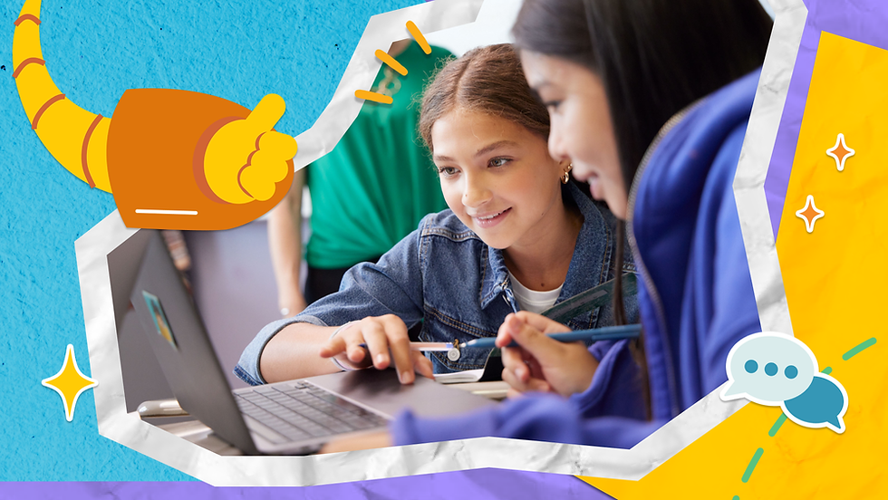 Students peer over a laptop while Moby gives an orange robot thumbs up. 