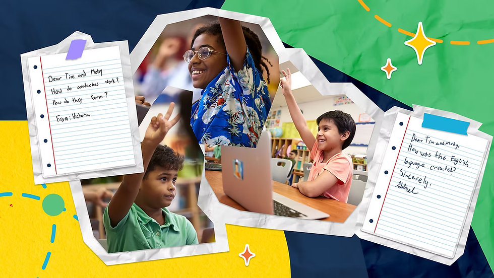 Students raise their hands while smiling and engaged. Letters to Tim and Moby from students are displayed.