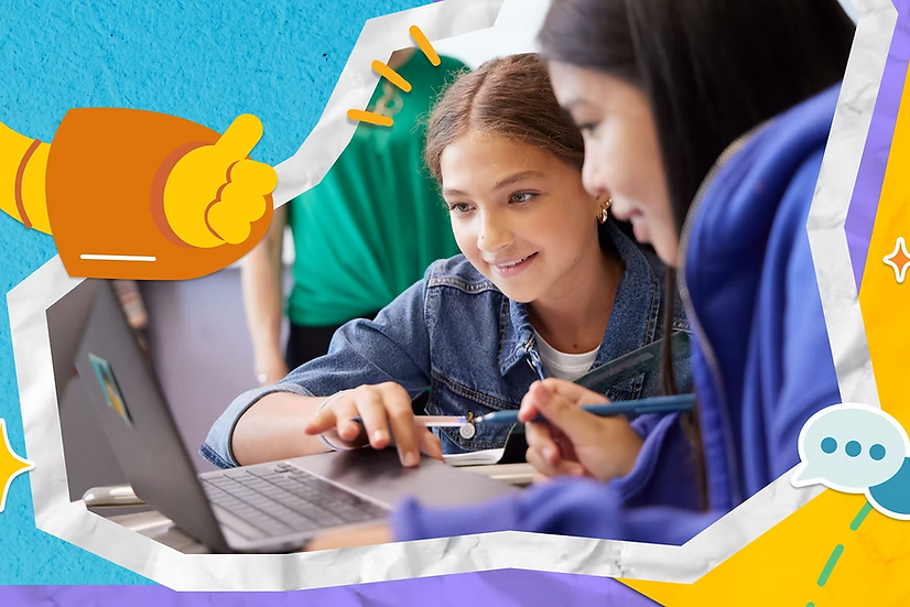 Students working on a laptop. Moby gives a thumbs up. An icon represents AI literacy.