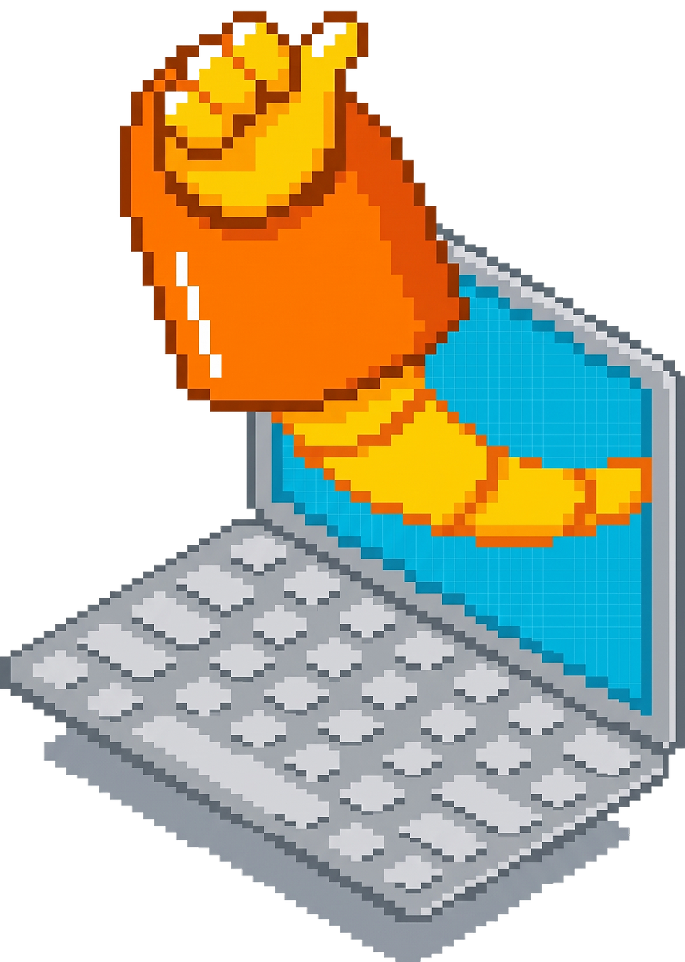 Moby's orange robot arm reaches out of a pixelated laptop screen to give a thumbs up.