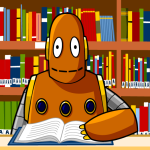 Moby the robot learning in a library in front of books
