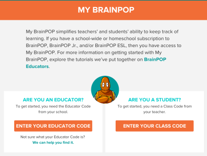 image of My BrainPOP landing page account creation page. 