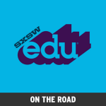 slanted SXSW next to edu and its long shadow with "on the road" as a subtitle