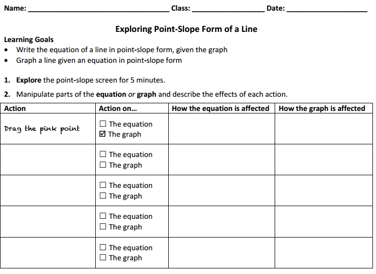 Point-Slope Activity Sheet