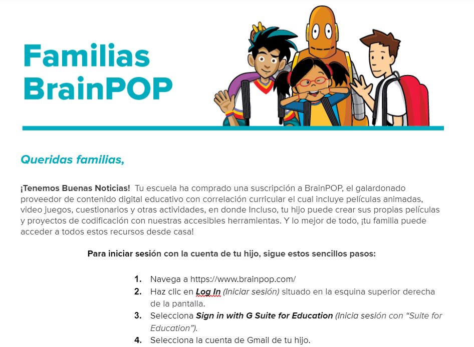 BrainPOP Letter to Family (Google Log In) — Spanish Version