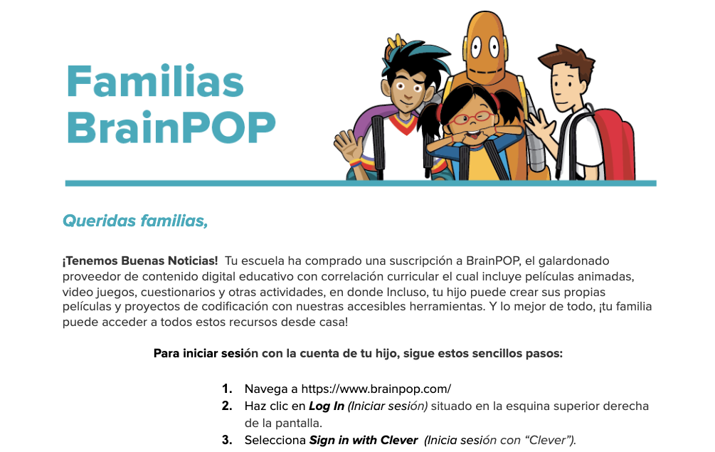 BrainPOP Letter to Family (Clever Log In) — Spanish Version