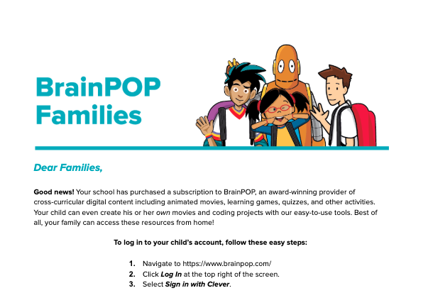 BrainPOP Letter to Family (Clever Log In)