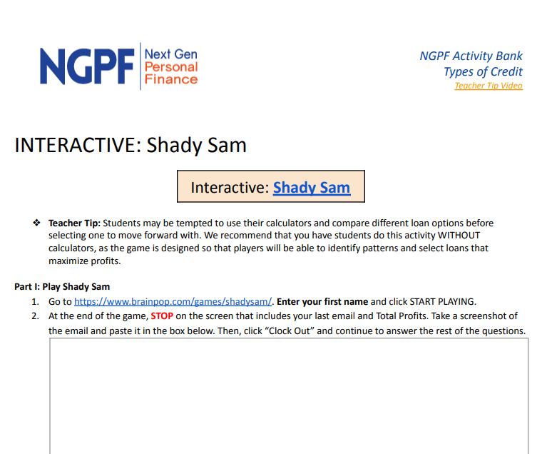 Shady Sam Reflection Worksheet