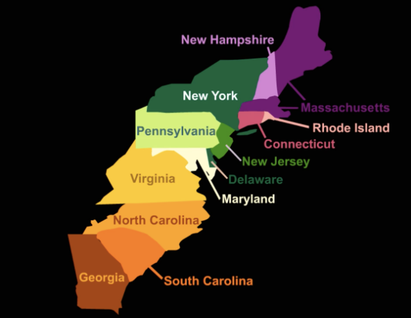 13 colonies physical features map